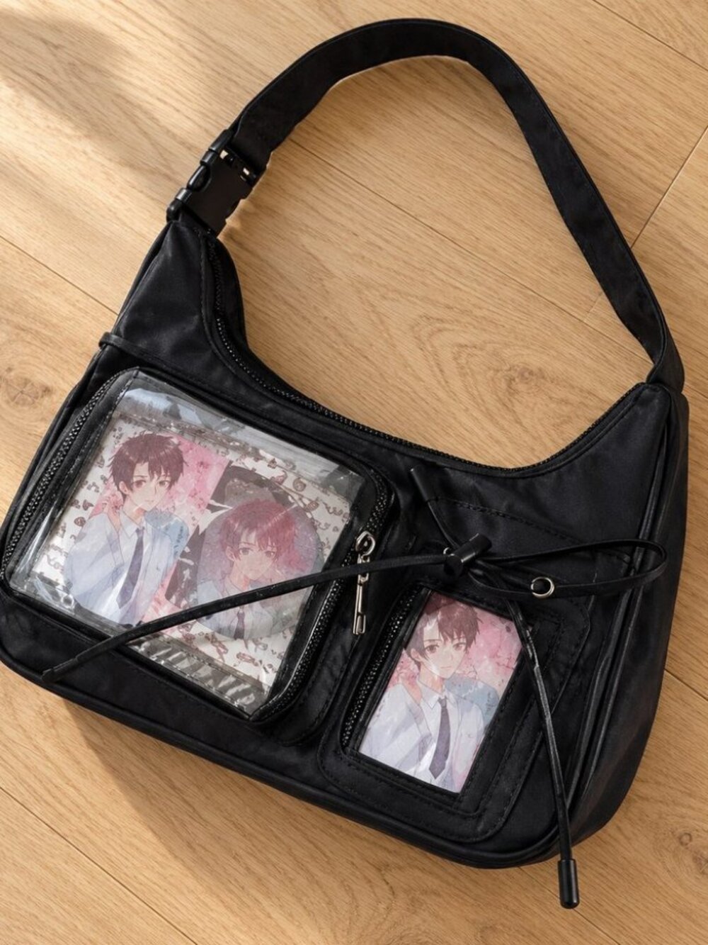 Black y2k ita bag with clear pockets - shoulder bag for pins and photocards